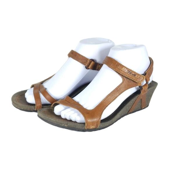 Teva Women’s Cabrillo US8,5 Brown Leather Strappy Cork Wedge Slingback Sandals - Picture 1 of 16